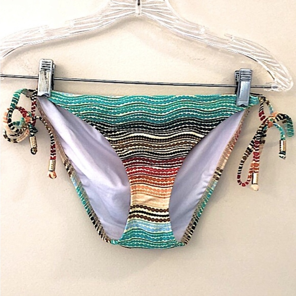 NWT VODA SWIM bikini bottoms, vibrant multicolor striped pattern, ties at sides